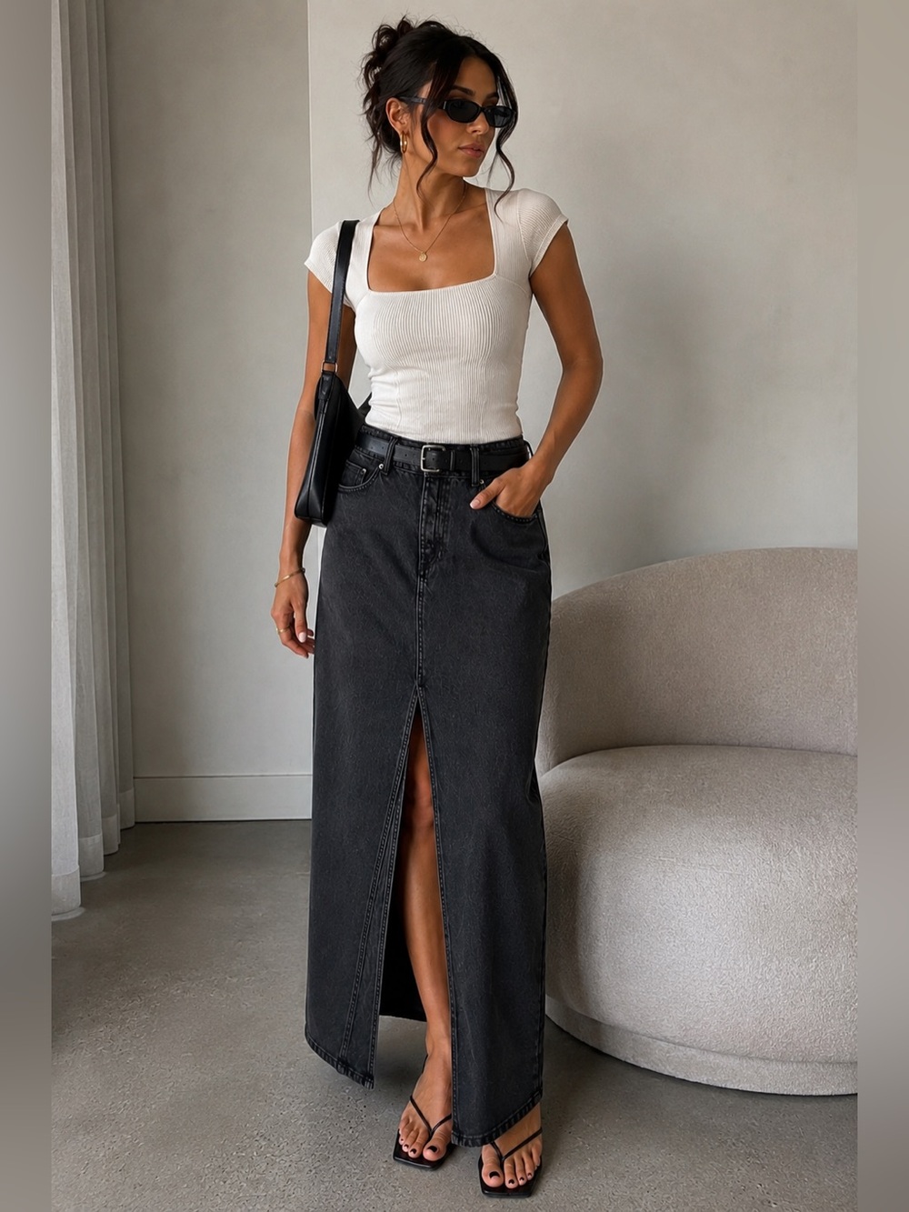 Simons Charcoal Denim Maxi Skirt
